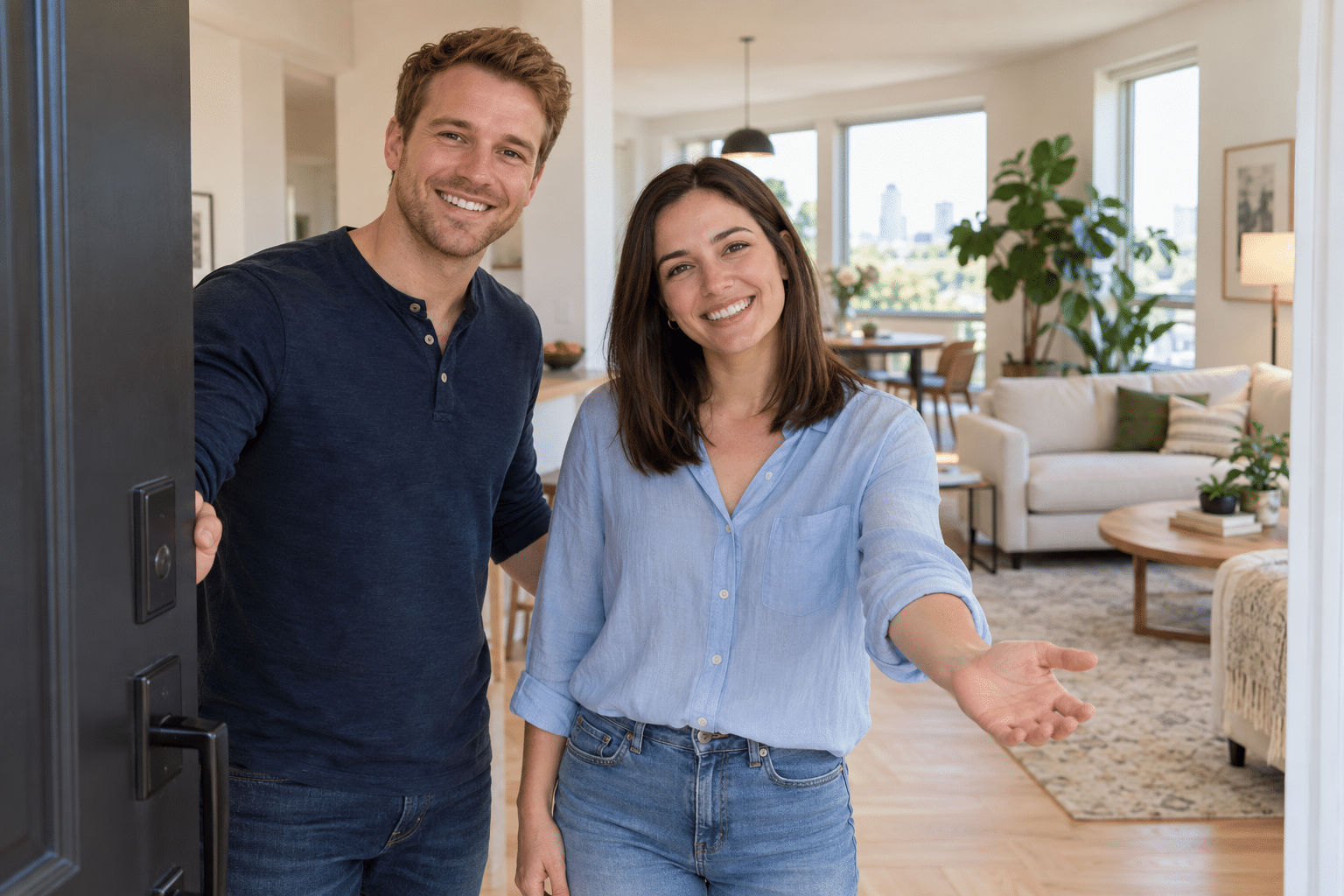 Young couple welcoming guests into their home