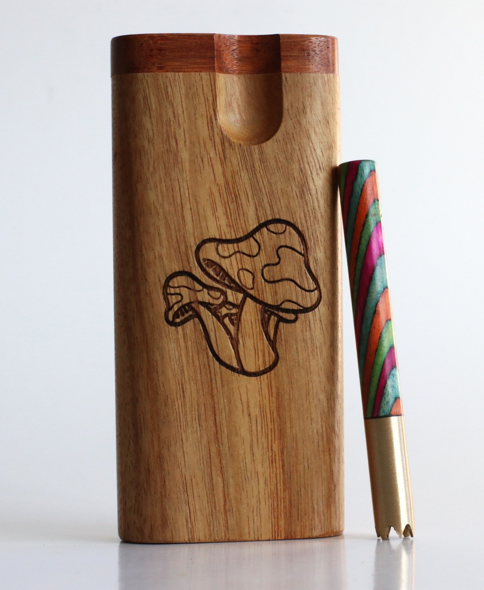 4" Mahogany Swivel Lid Dugouts & One Hitter Pipe-Mushroom Etched Stash Box