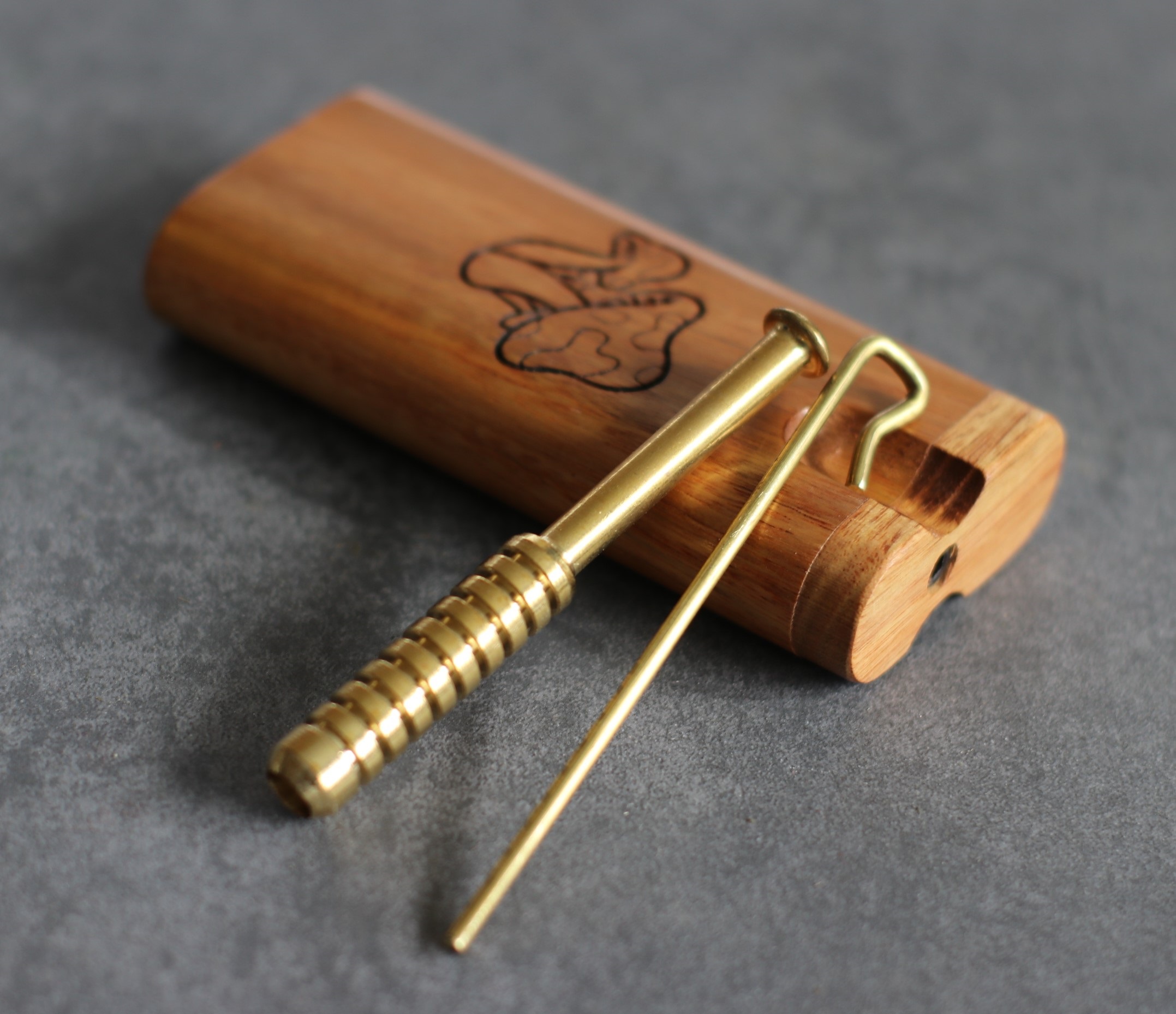 4" Teak Wood Swivel Lid Dugout & Brass One Hitter- Best Gift- Mushroom Engraved Dugout