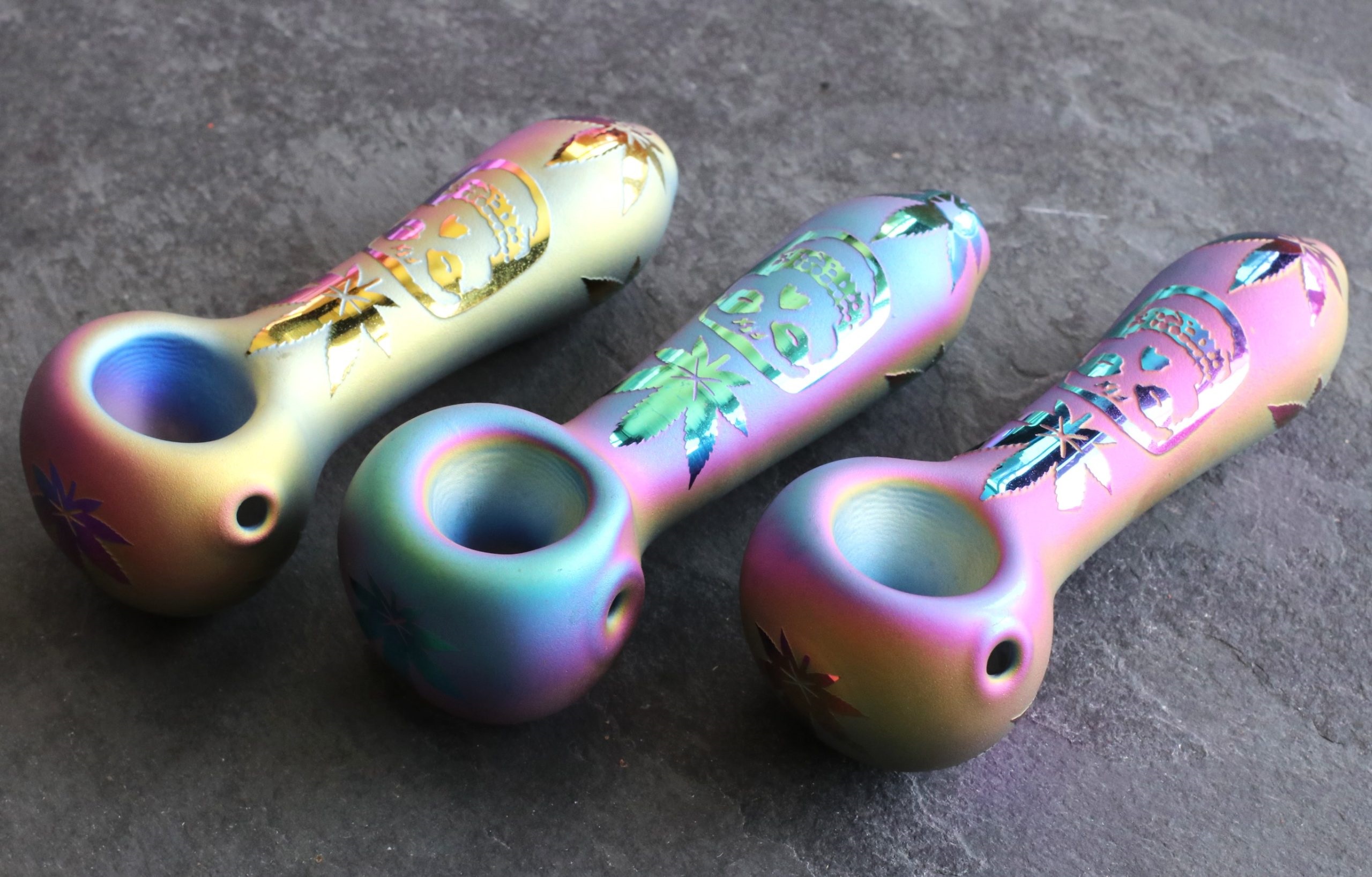 4" Glass Spoon Pipe w/colorful ceramic coating-Rainbow Skull - Glass Spoon Pipes